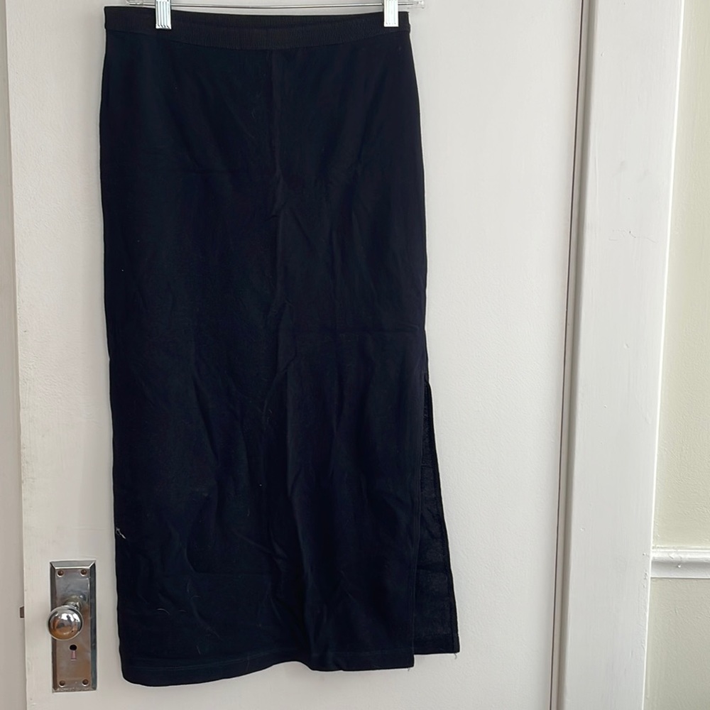 Double slit navy blue stretch waist midi skirt